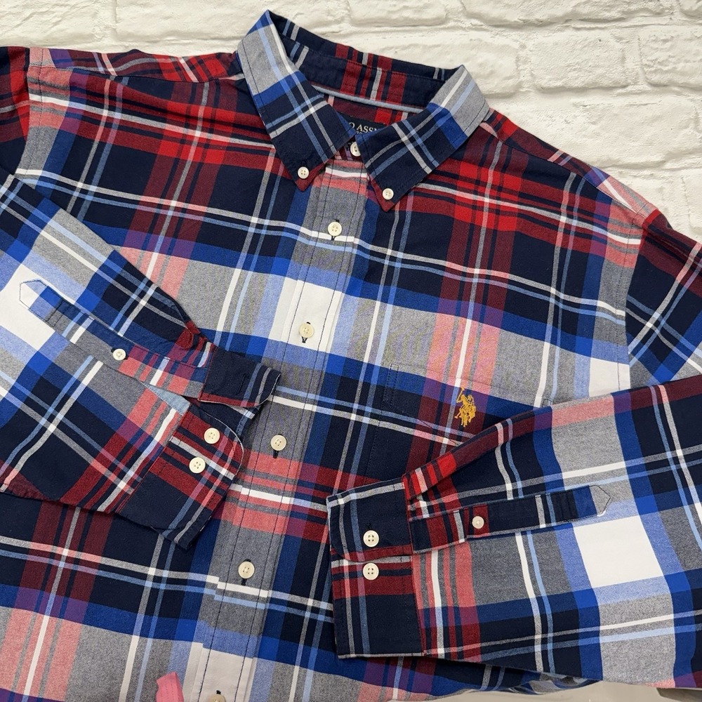 US Polo Association Men's 2XL Red Blue Buffalo Plaid Button Down Shirt Gold Pony